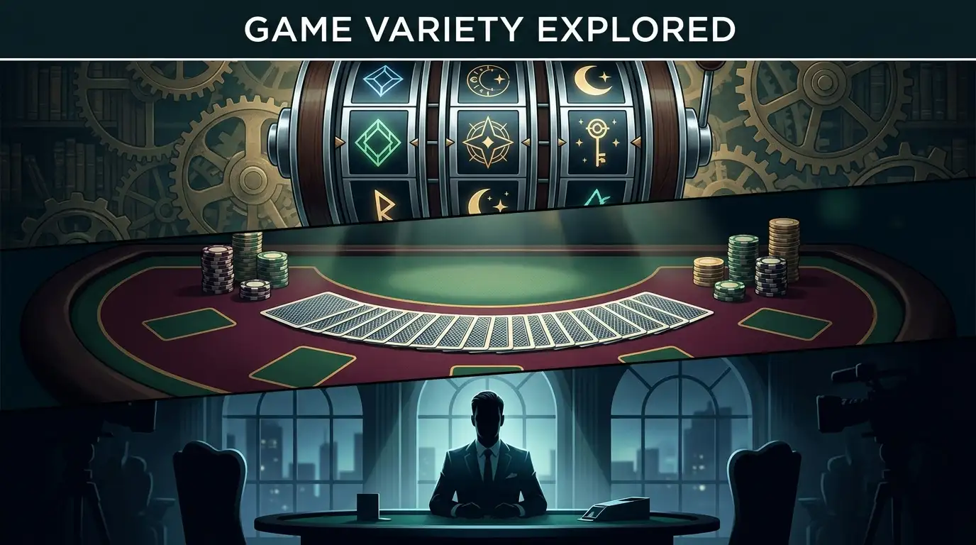 Editorial illustration of slot, table and live casino game categories