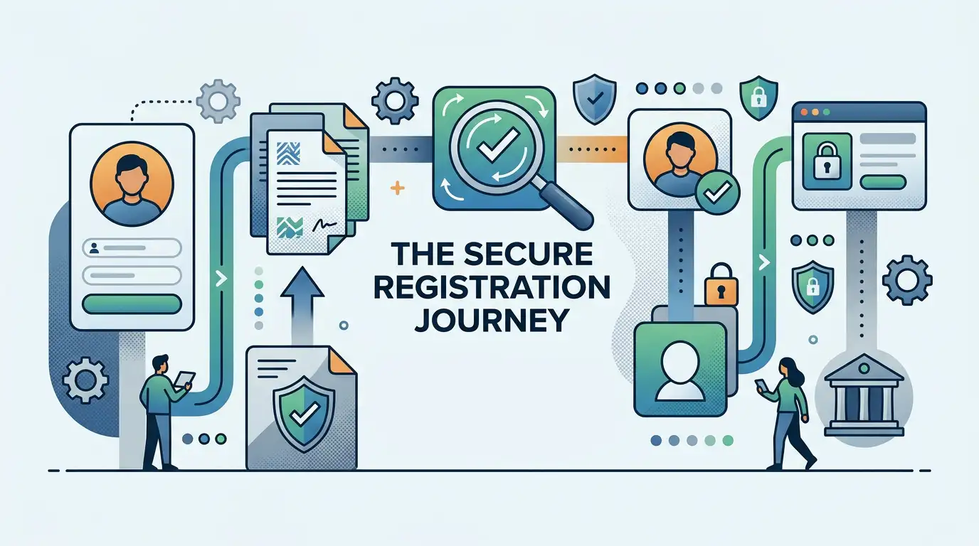 Editorial illustration of account registration and identity verification