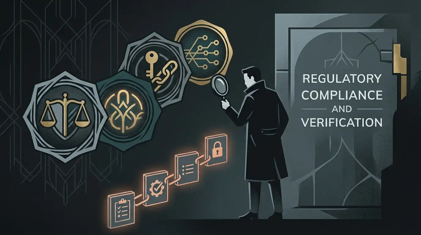 Editorial illustration of regulatory evidence and trust checks